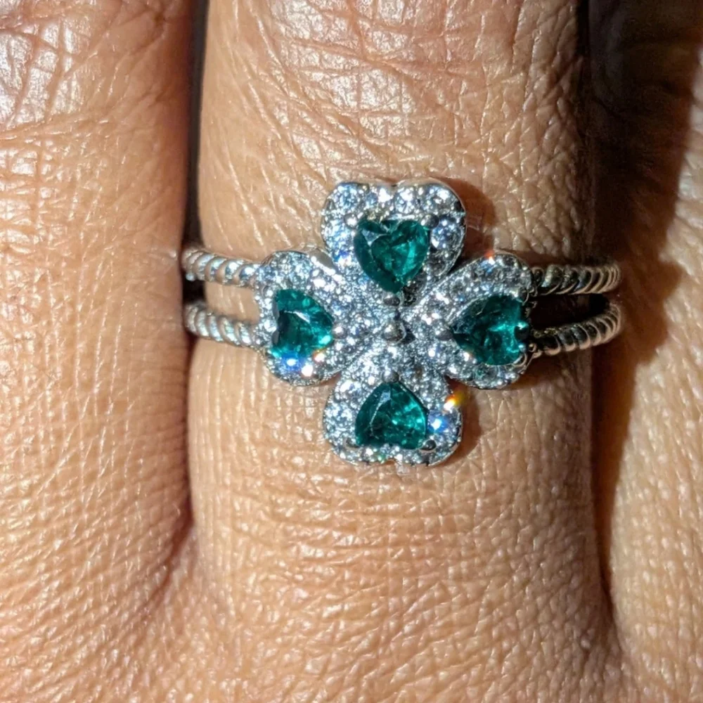Double Band Gemstone 925 Silver Four Leaf Clover Shamrock Deep Green Ring Sz 8